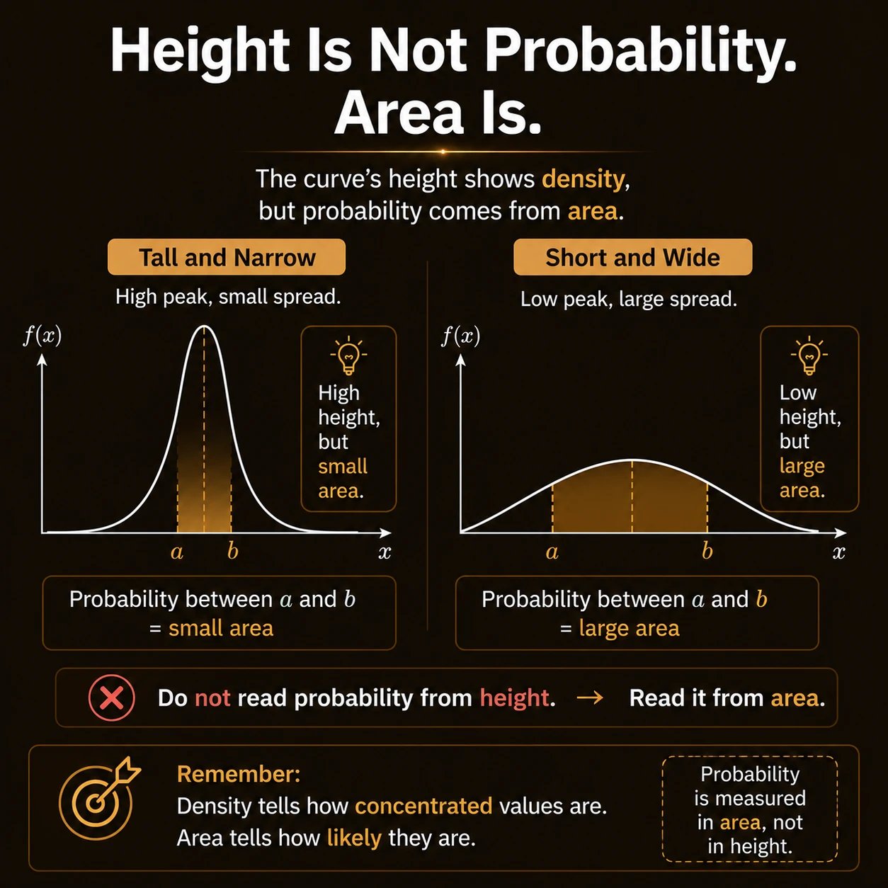 Density height is not probability. Height describes concentration near x. Probability is accumulated area across an interval, so a tall narrow region can contain less probability than a lower wide region.