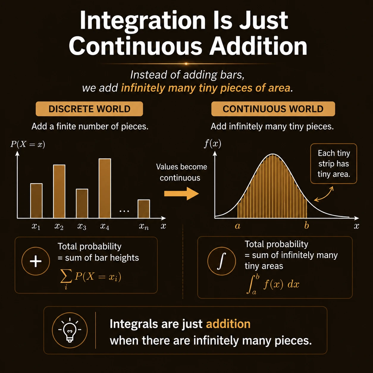 Integration is continuous addition. Discrete probability adds point masses. Continuous probability adds infinitely many tiny areas f(x) dx. The integral is the limiting form of that addition.