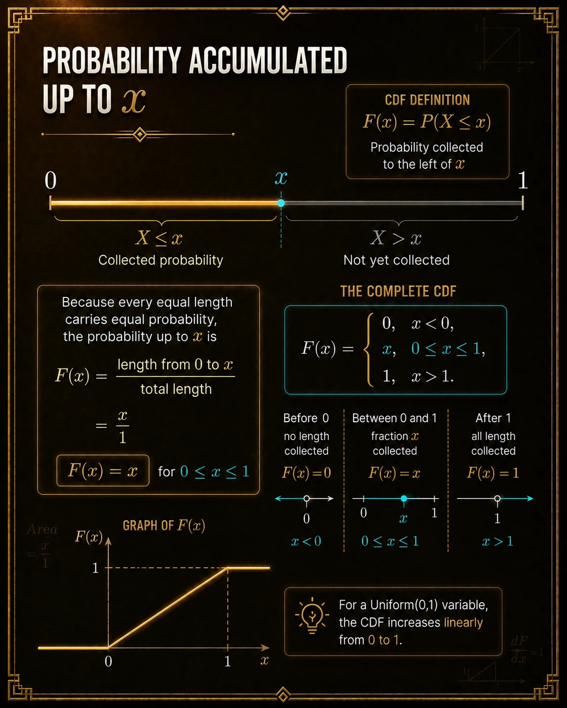 The CDF records accumulated probability. The cumulative distribution function F(x)=P(X≤x) records all probability to the left of x. For Uniform(0,1), it is 0 before 0, x on [0,1], and 1 after 1.