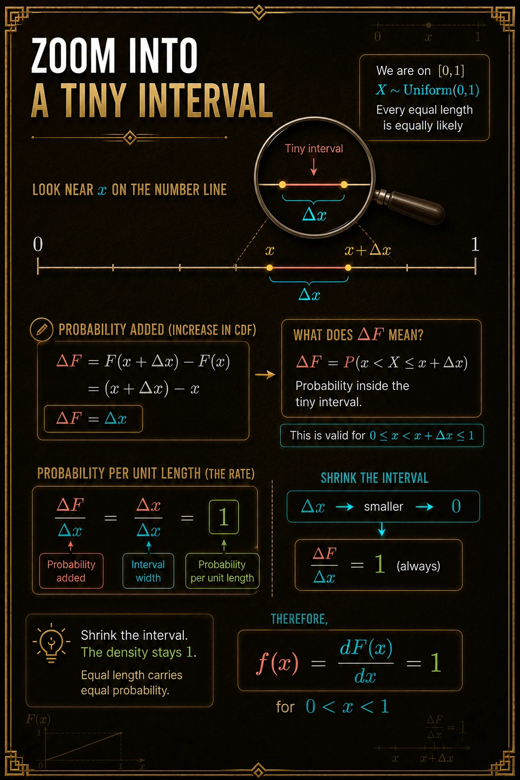 A tiny interval exposes a local rate. Across [x,x+Δx], the CDF increase ΔF equals the probability in that interval. Dividing ΔF by Δx gives probability per unit length.