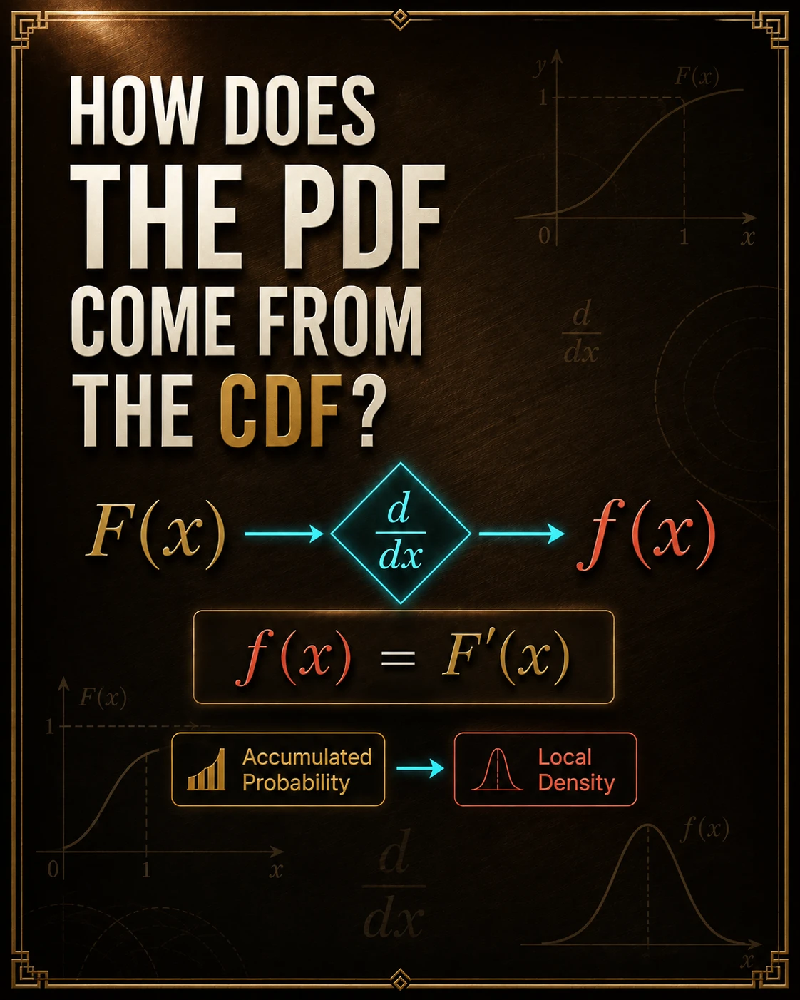 Differentiate accumulated probability. Where the CDF is differentiable, the density is its derivative: f(x)=F′(x). Accumulation and local rate are two views of the same distribution.