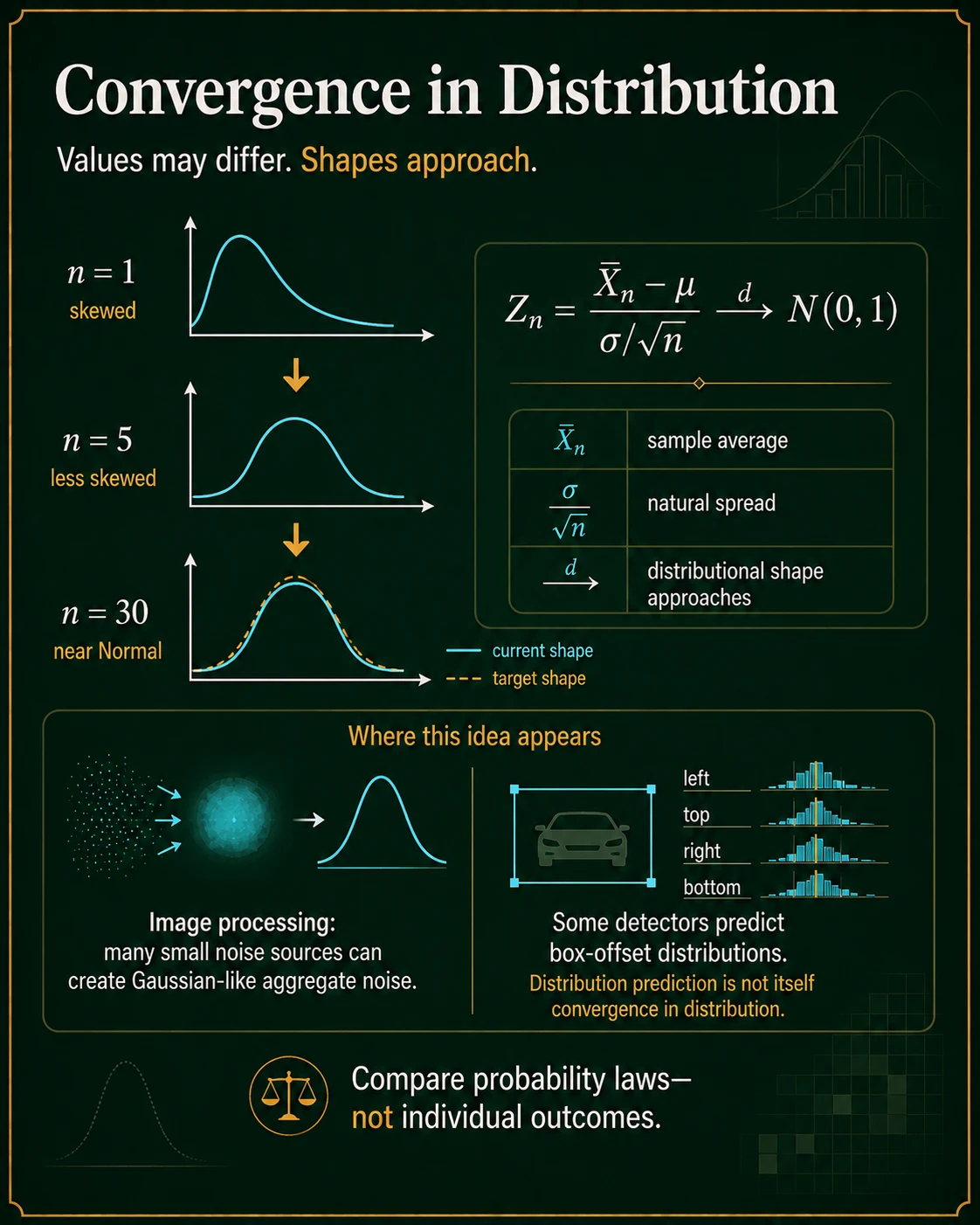 Convergence in distribution compares probability laws. Convergence in distribution means the probability law of X_n approaches a target law. Individual outcomes need not approach one value; it is the distributional shape or CDF that converges.
