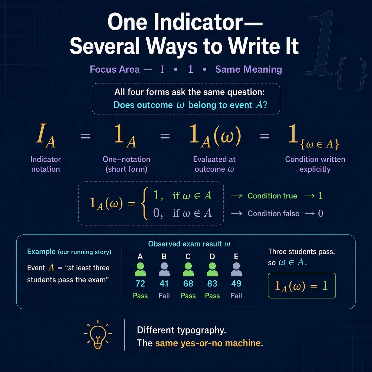 One indicator has several equivalent notations. I_A, 1_A, 1_A(omega), and a piecewise zero-one definition can denote the same indicator when locally defined.