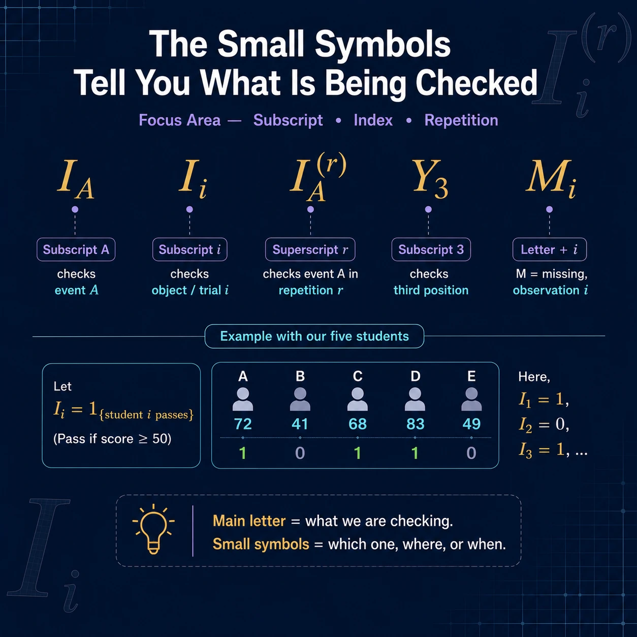 Small symbols say what is being checked. Indices identify the object, trial, position or repetition; they are labels that scope the indicator question.