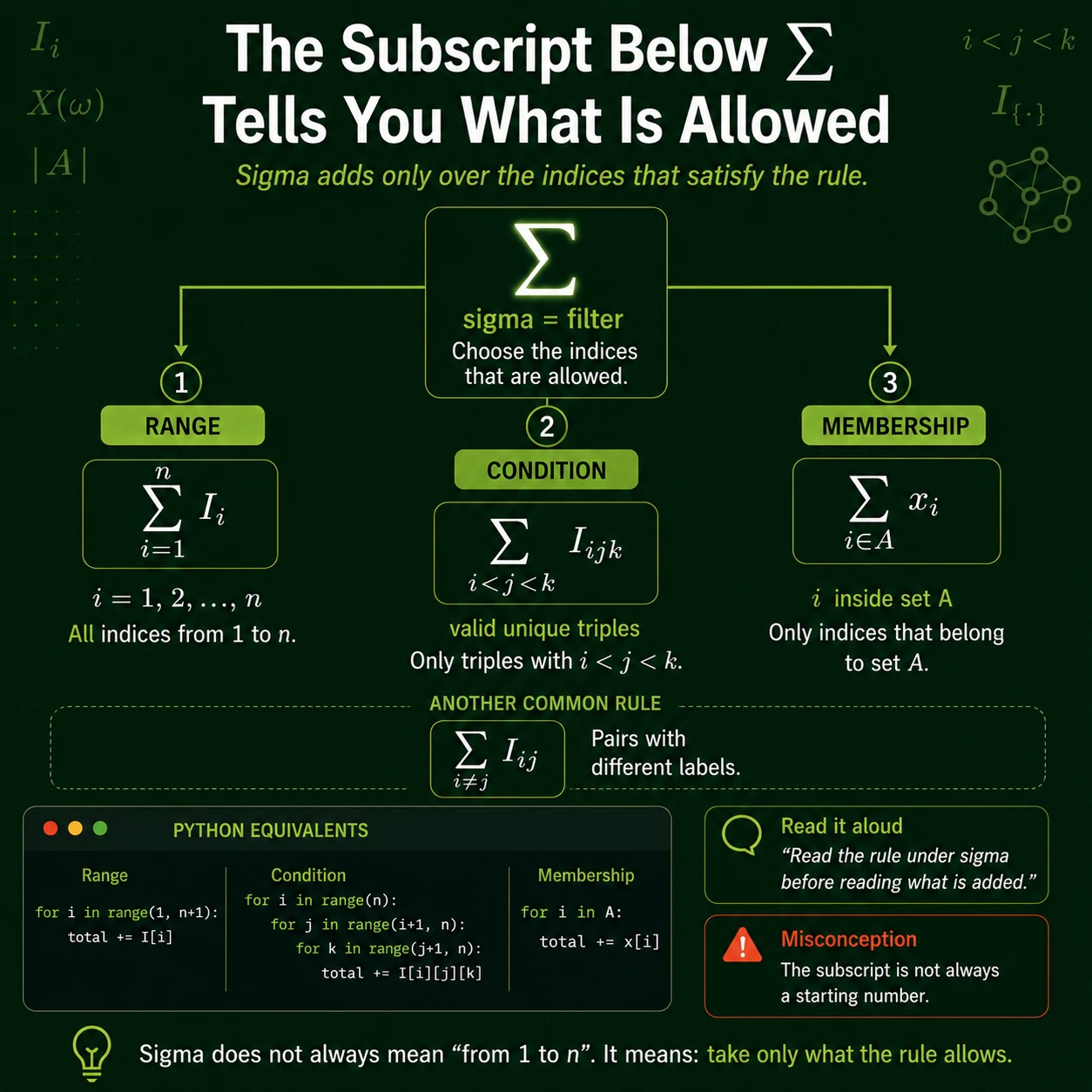 The summation subscript is a filter. A condition written below Sigma restricts the index set. Read it as: add the summand only over indices that satisfy this rule.