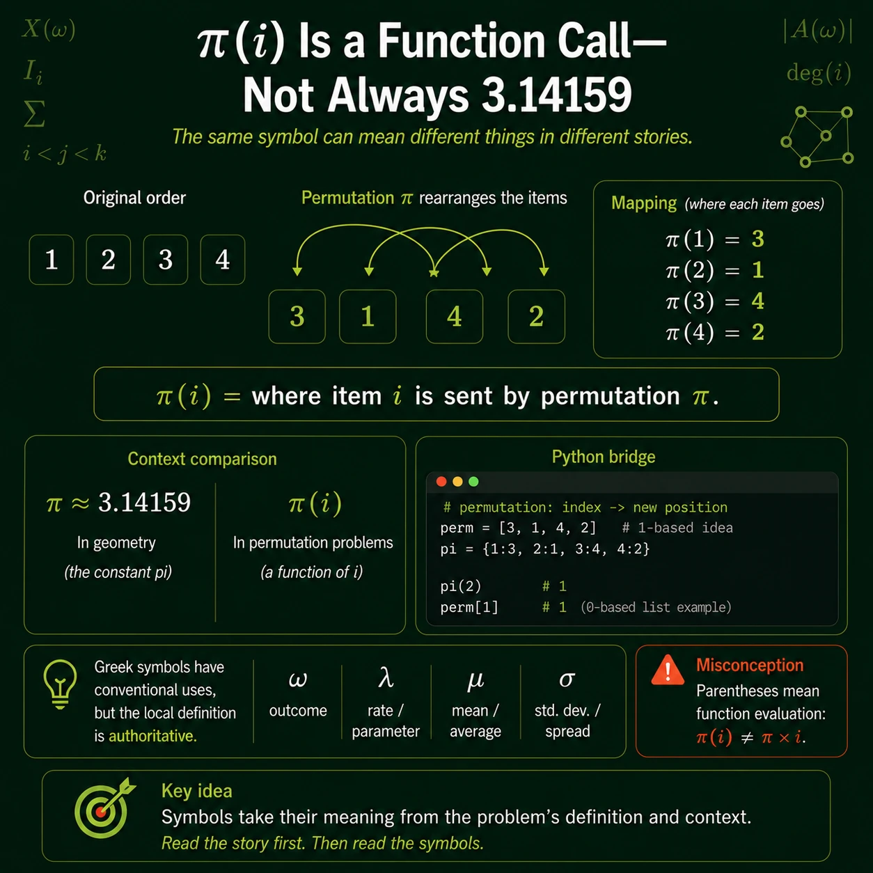 Symbols inherit meaning from their definition. Letters such as pi, lambda, mu, and sigma have common conventions but no universal meaning. Always find the local definition, domain, and output type before calculating.