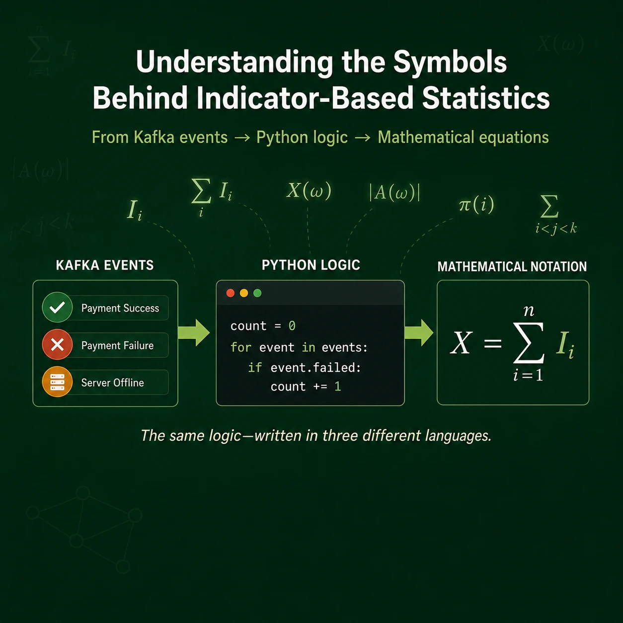 The same logic can be written three ways. A counting statement, a program loop, and a sum of indicators can encode the same procedure. Translating among them is a strong check that the indices and condition are correct.