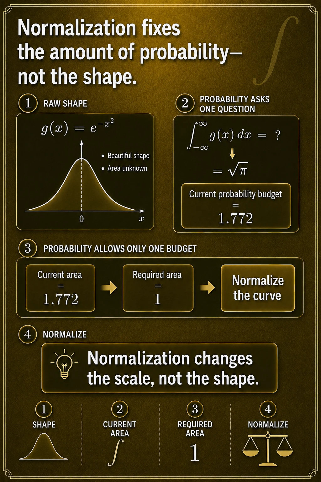 Normalization spends exactly one probability budget. If a nonnegative kernel has finite area A, dividing every height by A creates f(x)=g(x)/A with total area one.