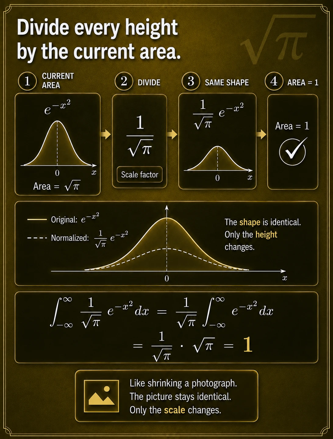 Normalization changes scale, not shape. Multiplying every height by the same positive constant preserves the curve's center, ordering, symmetry, and relative shape while changing its total area.