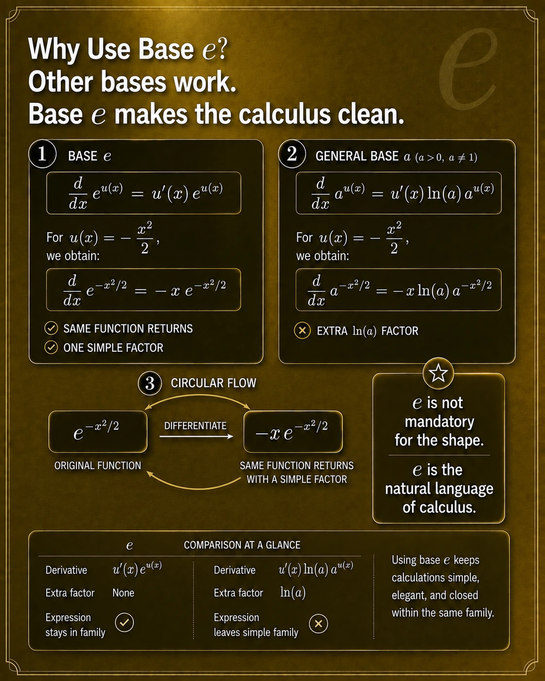 Base e keeps the calculus clean. Differentiating exp(u(x)) returns u'(x)exp(u(x)), keeping the same exponential family without an extra logarithmic factor.