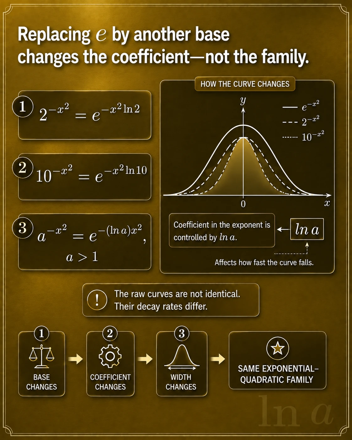 Changing the base changes the coefficient. For a>1, a^(-c x^2)=exp(-(c ln a)x^2); changing the base only rescales the positive quadratic coefficient.