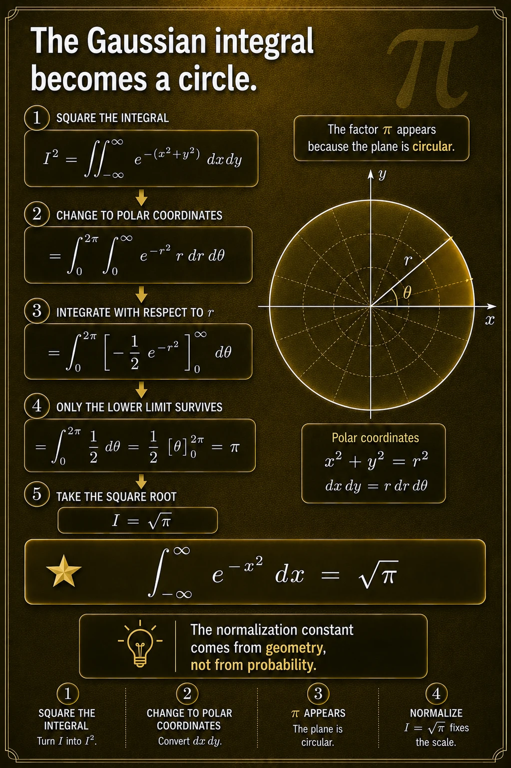 Polar coordinates reveal pi. With x^2+y^2=r^2 and dxdy=r dr dtheta, the angular integral contributes 2 pi and the radial integral contributes 1/2, so I^2=pi.