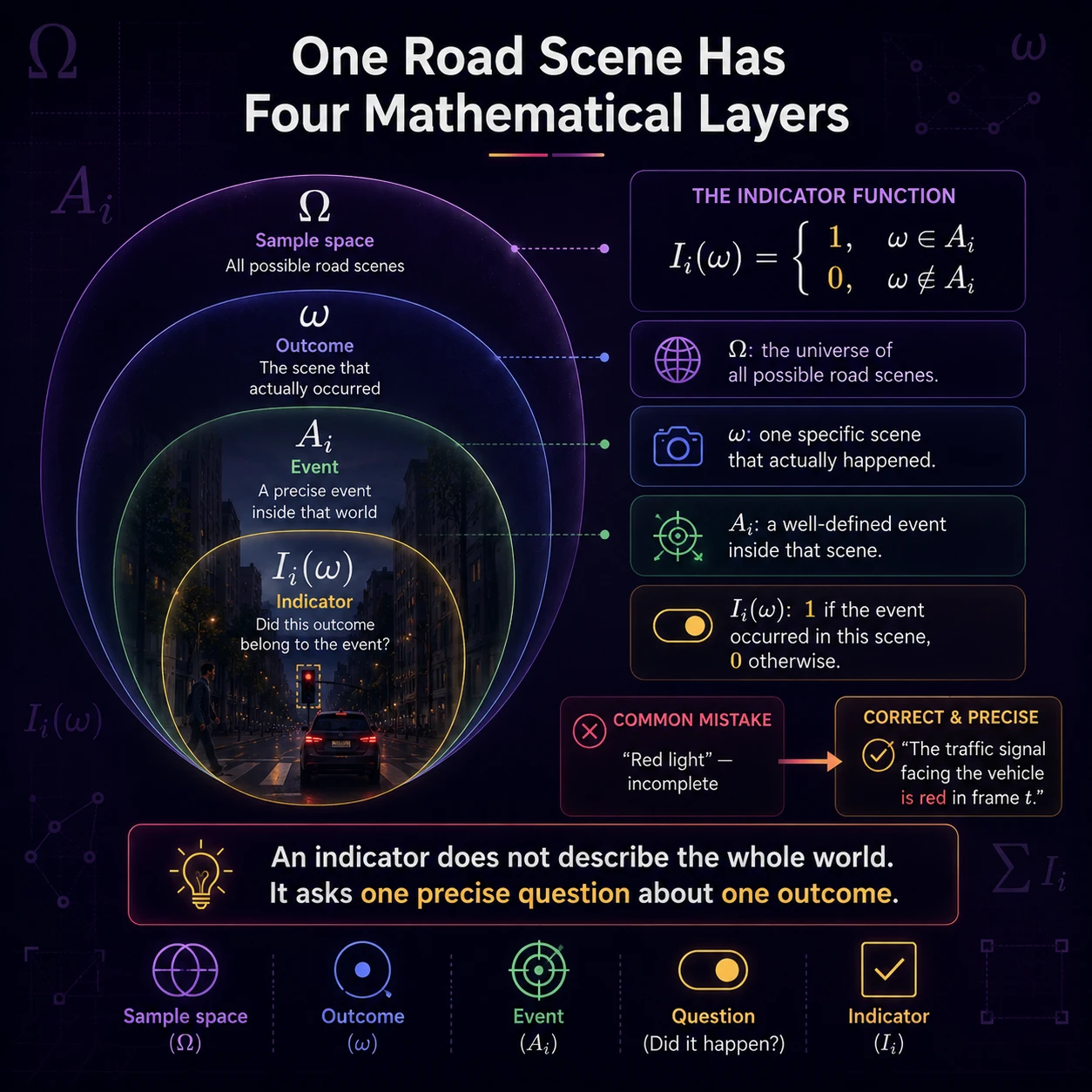 Four mathematical layers. A sample space contains possible outcomes; an event selects outcomes of interest; the indicator reports whether the observed outcome belongs to that event.