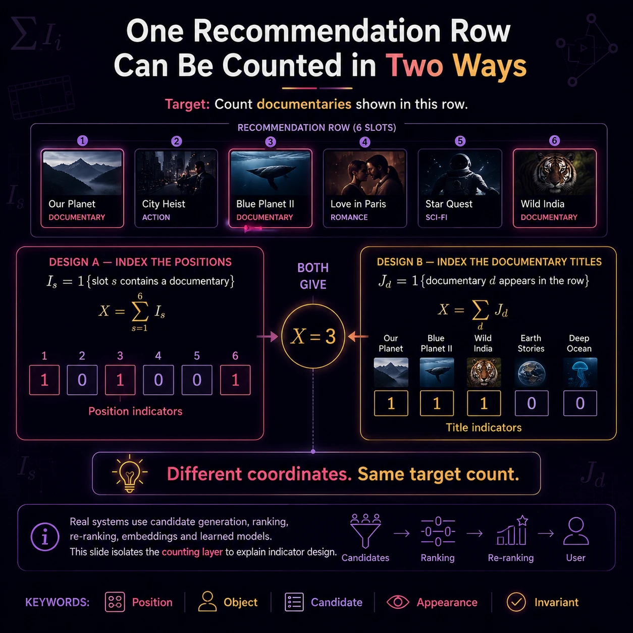 One count, two coordinate systems. The number of documentaries in a row can be reconstructed by indexing positions or by indexing candidate titles, provided each shown documentary contributes exactly once.