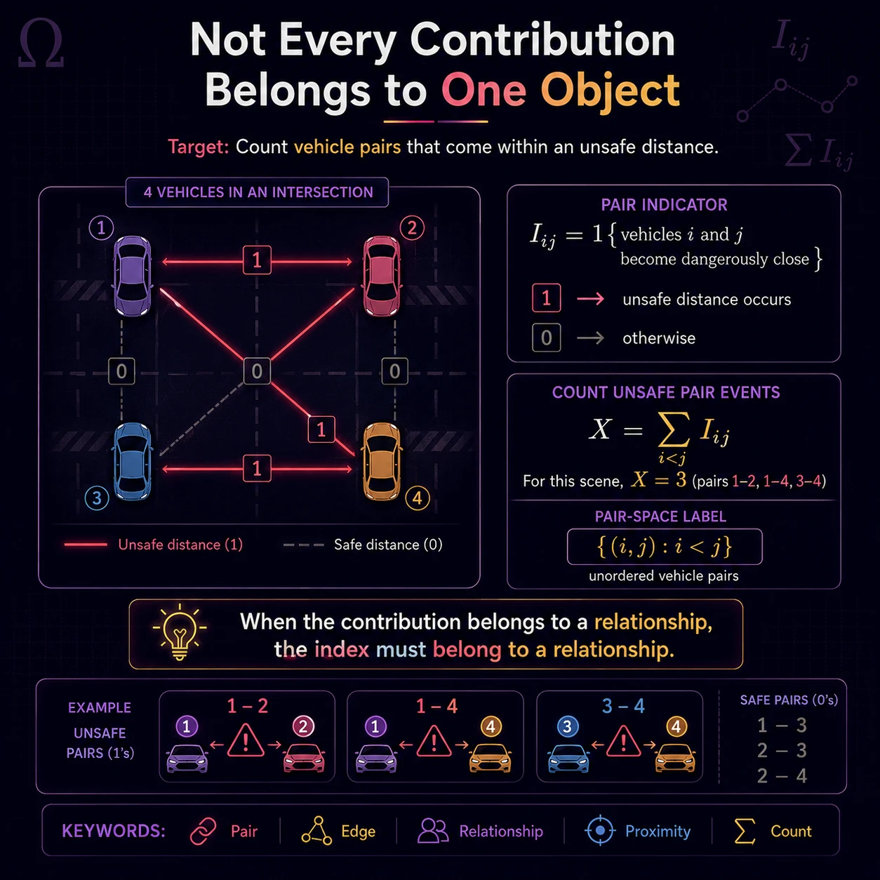 Relationships need pair indexes. To count unsafe vehicle pairs, define one indicator per unordered pair and sum over i less than j; object indicators cannot represent a relationship faithfully.