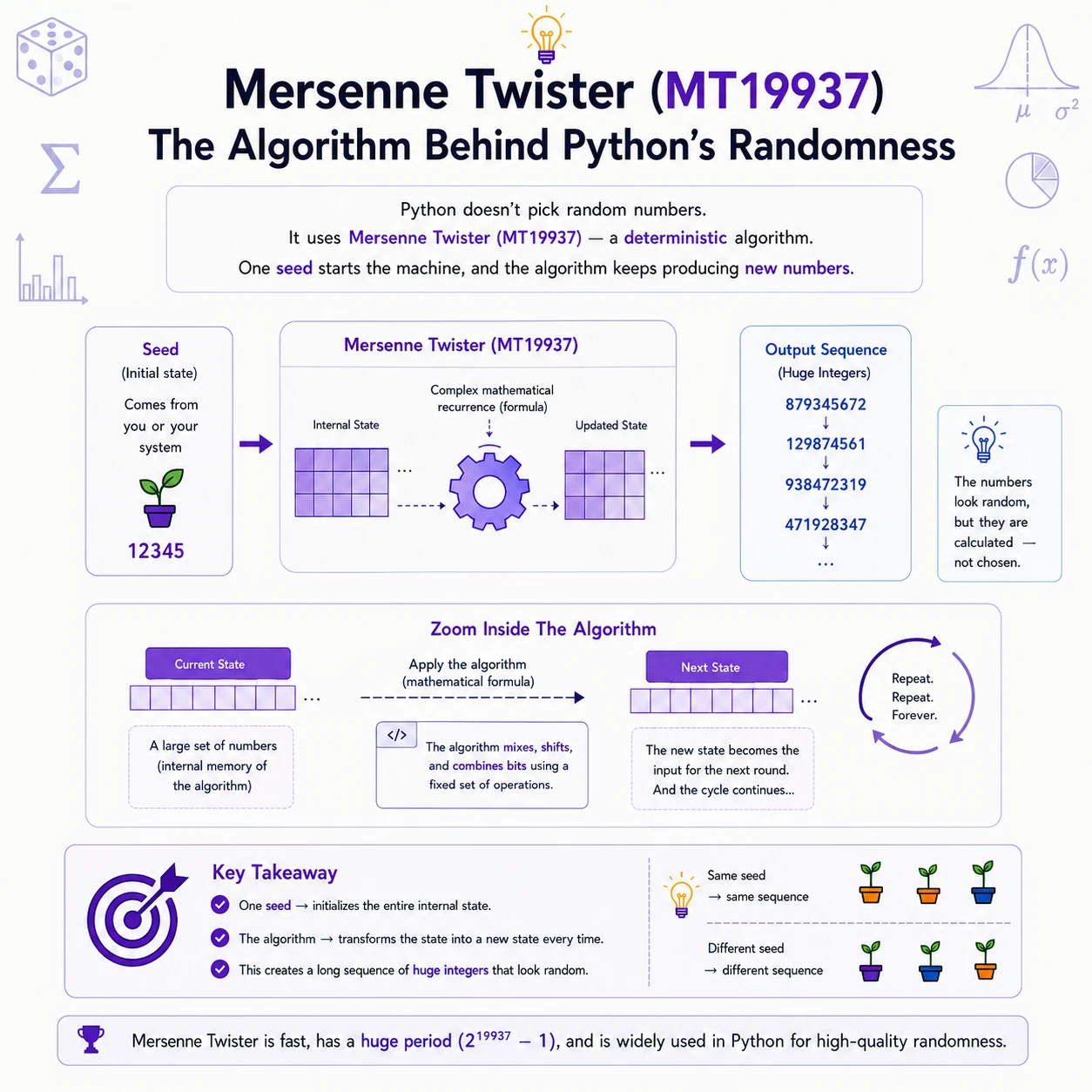 A pseudorandom generator evolves a deterministic state. A seeded pseudorandom number generator repeatedly transforms an internal state into new bit patterns. The same seed reproduces the same sequence; the sequence can still have strong statistical properties.