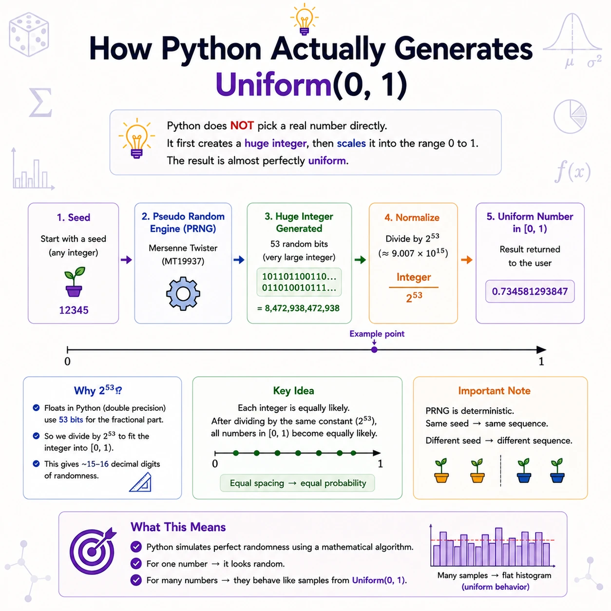 Simulation connects exact theory to computation. The mathematical model has a flat continuous density; software returns one of finitely many floating-point values designed to behave uniformly. Theory explains interval probabilities, while simulation lets us test them empirically.