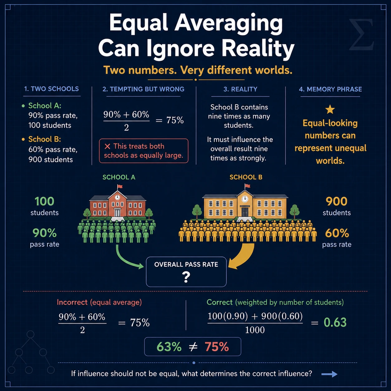 Equal averaging assumes equal influence. The arithmetic mean assigns every observation weight 1/n. It is appropriate when each listed observation is intended to contribute equally.
