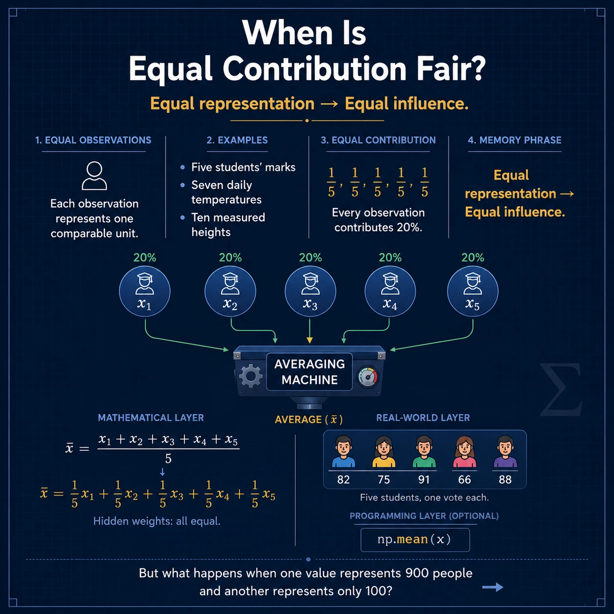 Equal contribution is not always fair. If groups differ in size, reliability or frequency, equal weights can misrepresent the population. Weights should match the contribution the problem defines.