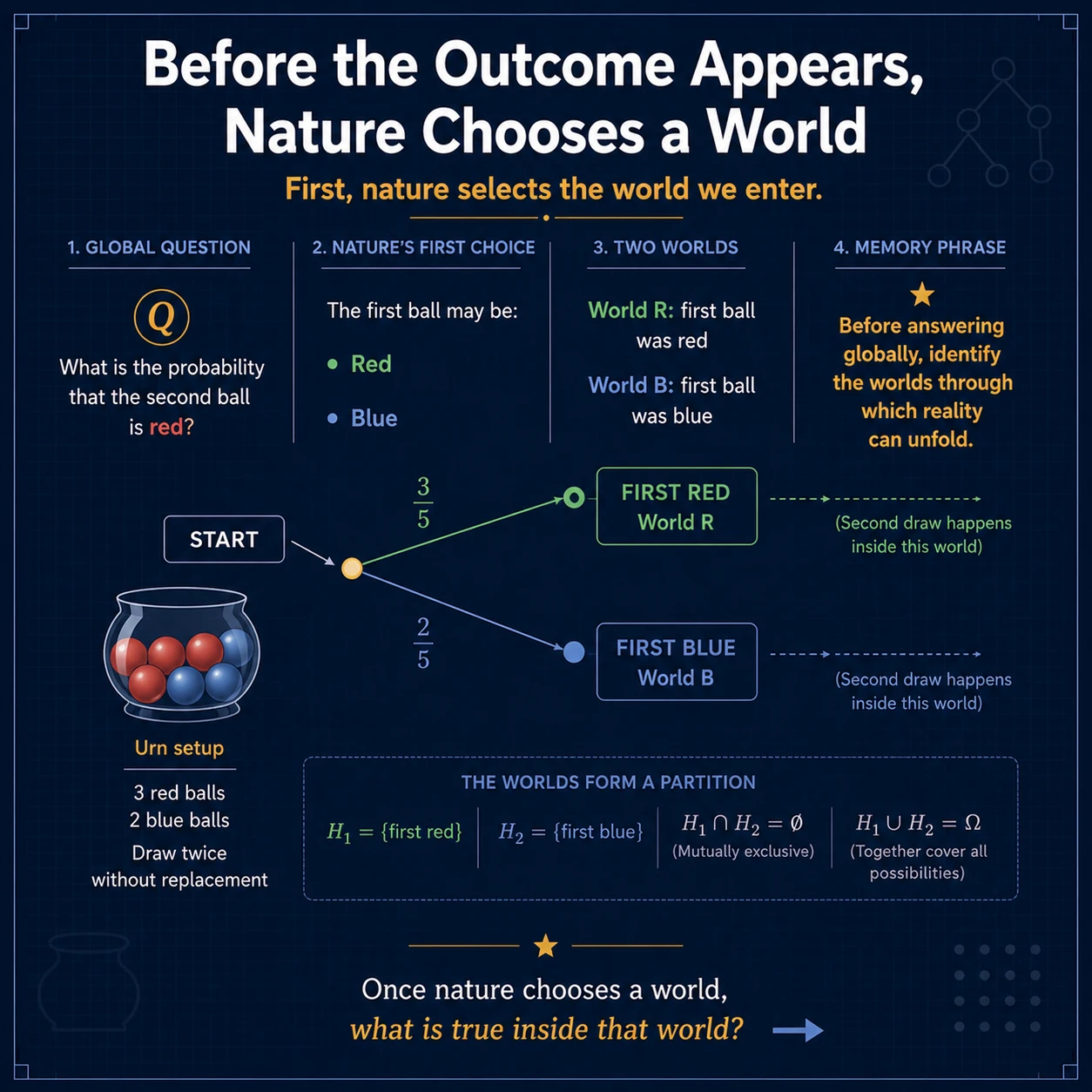 Nature chooses a world before the outcome. A partition models mutually exclusive worlds. Nature first lands in one world Hᵢ with probability P(Hᵢ), then the event A occurs with local probability P(A|Hᵢ).