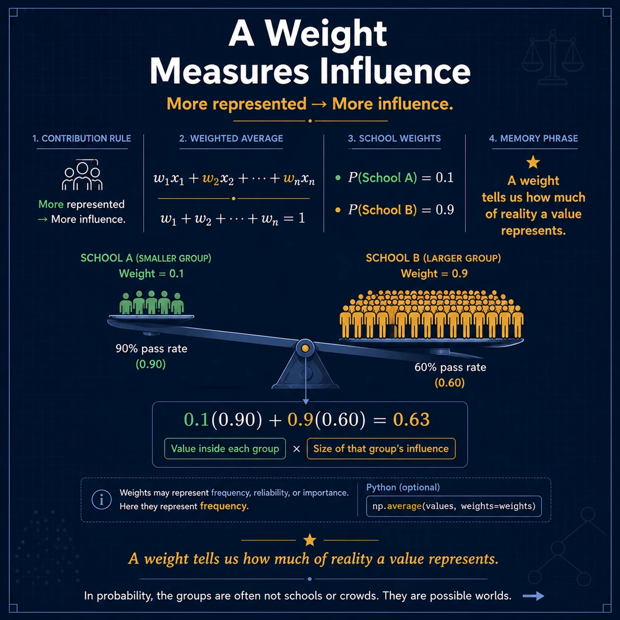 Weights measure influence, not value. If 10% of students attend a 90%-pass school and 90% attend a 60%-pass school, the overall rate is 0.1×0.9+0.9×0.6=0.63. The larger group has more influence.