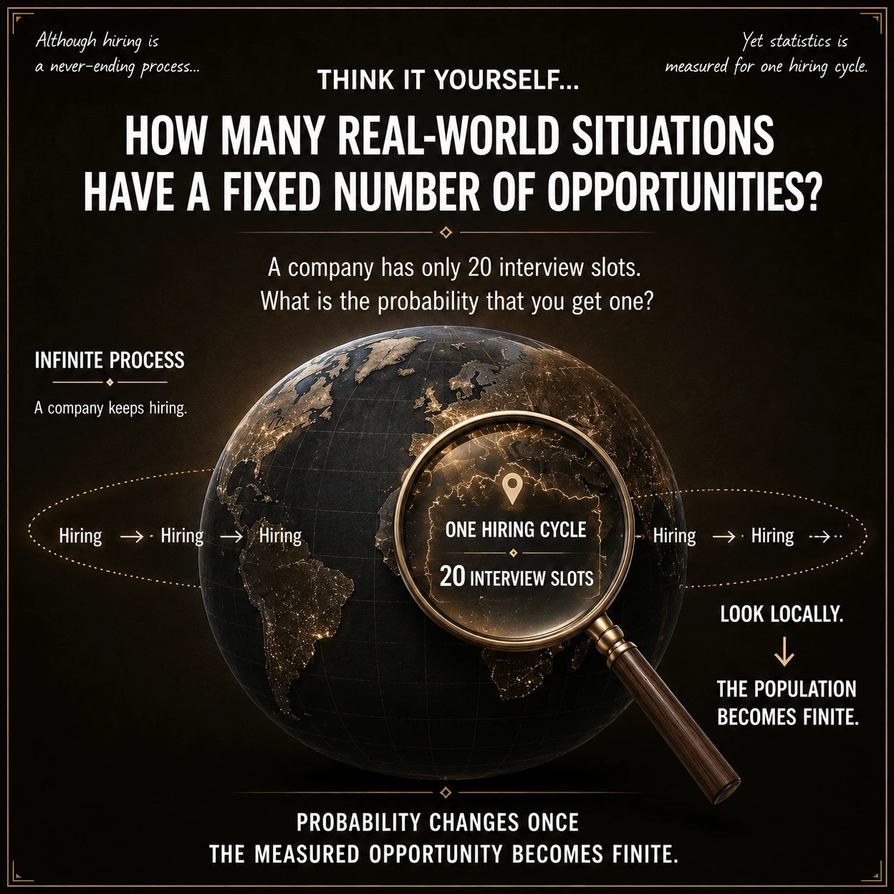 Begin with a real finite pool. Suppose a company has N=200 eligible candidates and interviews n=20 without replacement. The sample is 10% of the whole population, so one selection noticeably changes who remains available.