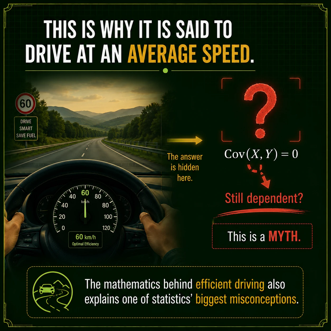 The mean is a reference, not a data row. The mean speed is the balance point used to interpret every observation. It need not be one of the recorded speeds, and it does not by itself reveal the relationship with fuel efficiency.