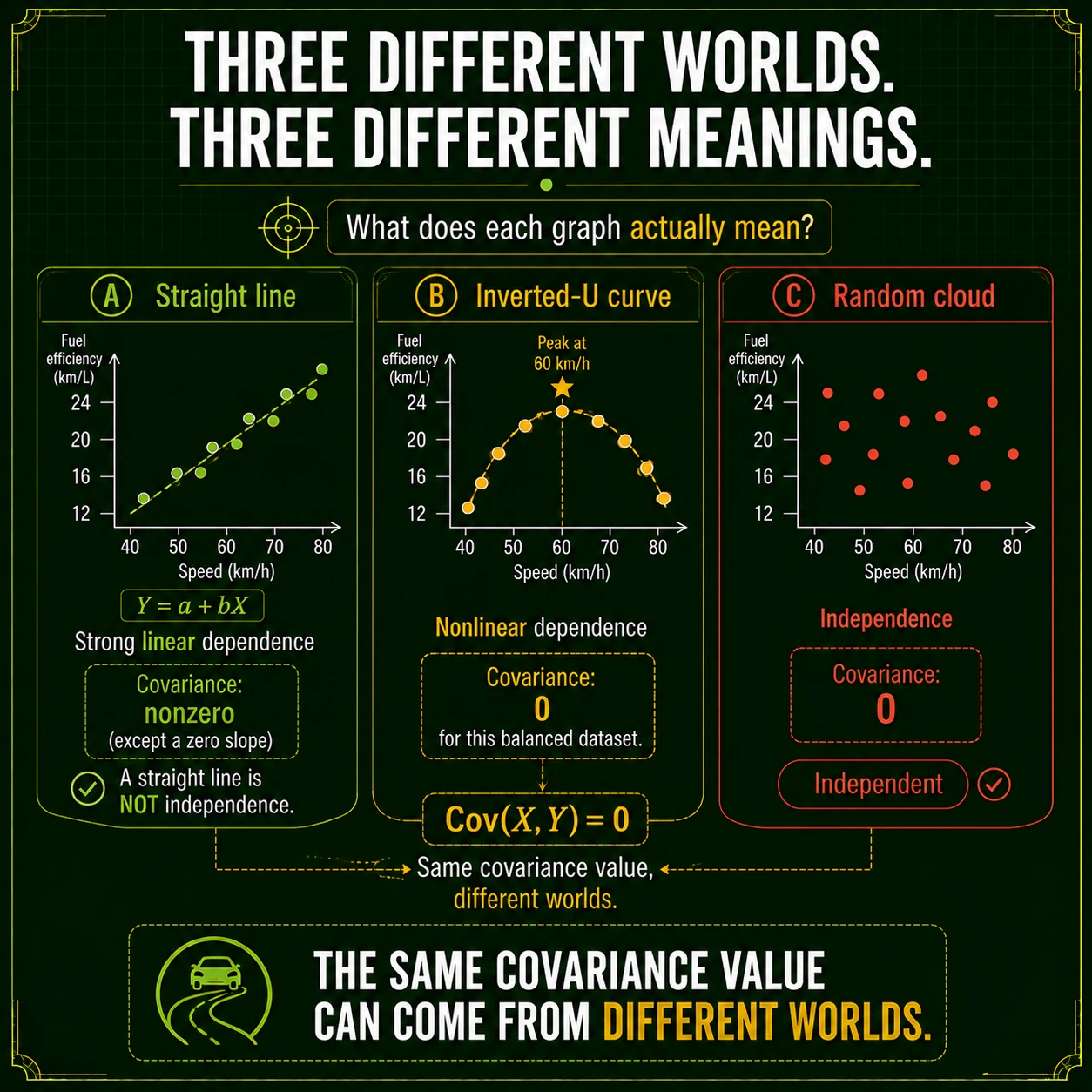 Build an exact counterexample. Let X be equally likely to be -1, 0, or 1 and set Y=X^2. Then E[X]=0, E[XY]=E[X^3]=0, so covariance is zero; yet Y is completely determined by X.