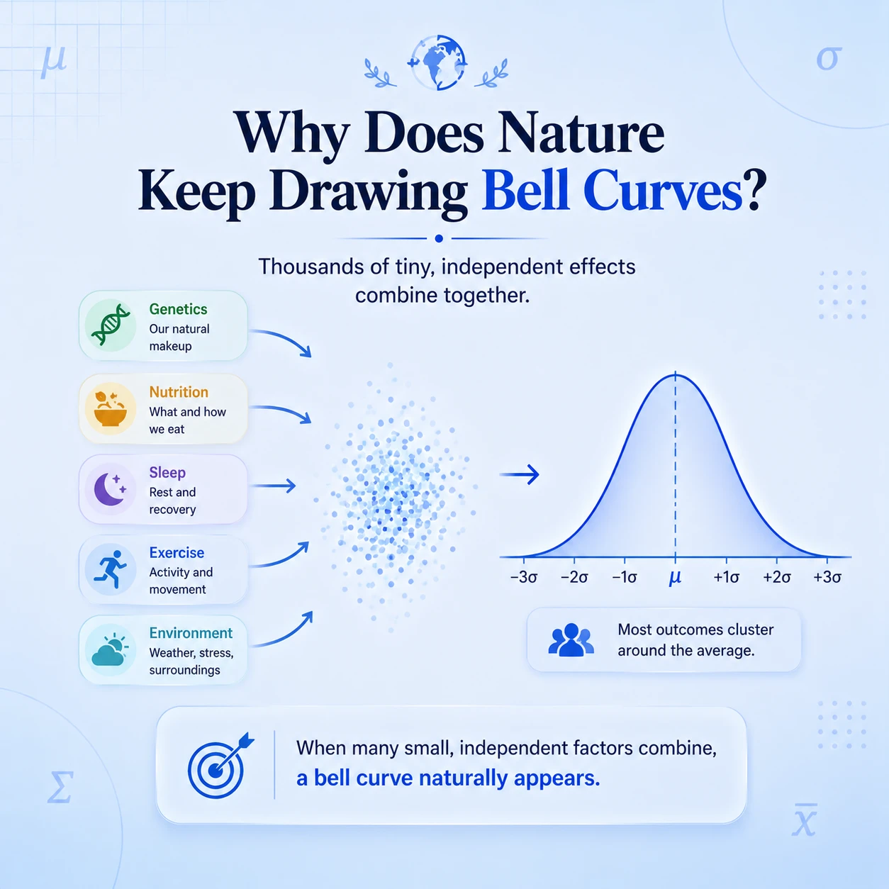Why bell curves often appear. Many small, roughly independent additive effects can combine into an approximately normal pattern.