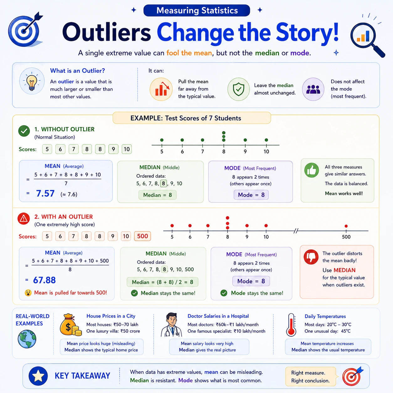 Outliers pull the mean. Changing 5, 6, 7, 8, 8, 9, 10 into a dataset that also includes 500 pulls the mean to 67.875, while the median remains 8 and the mode remains 8.