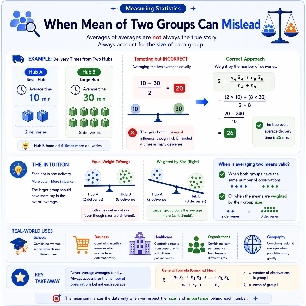 Group means must be weighted by group size. A hub with 2 deliveries averaging 10 minutes and a hub with 8 averaging 30 minutes have combined mean 26 minutes. The unweighted mean of 20 ignores group sizes.