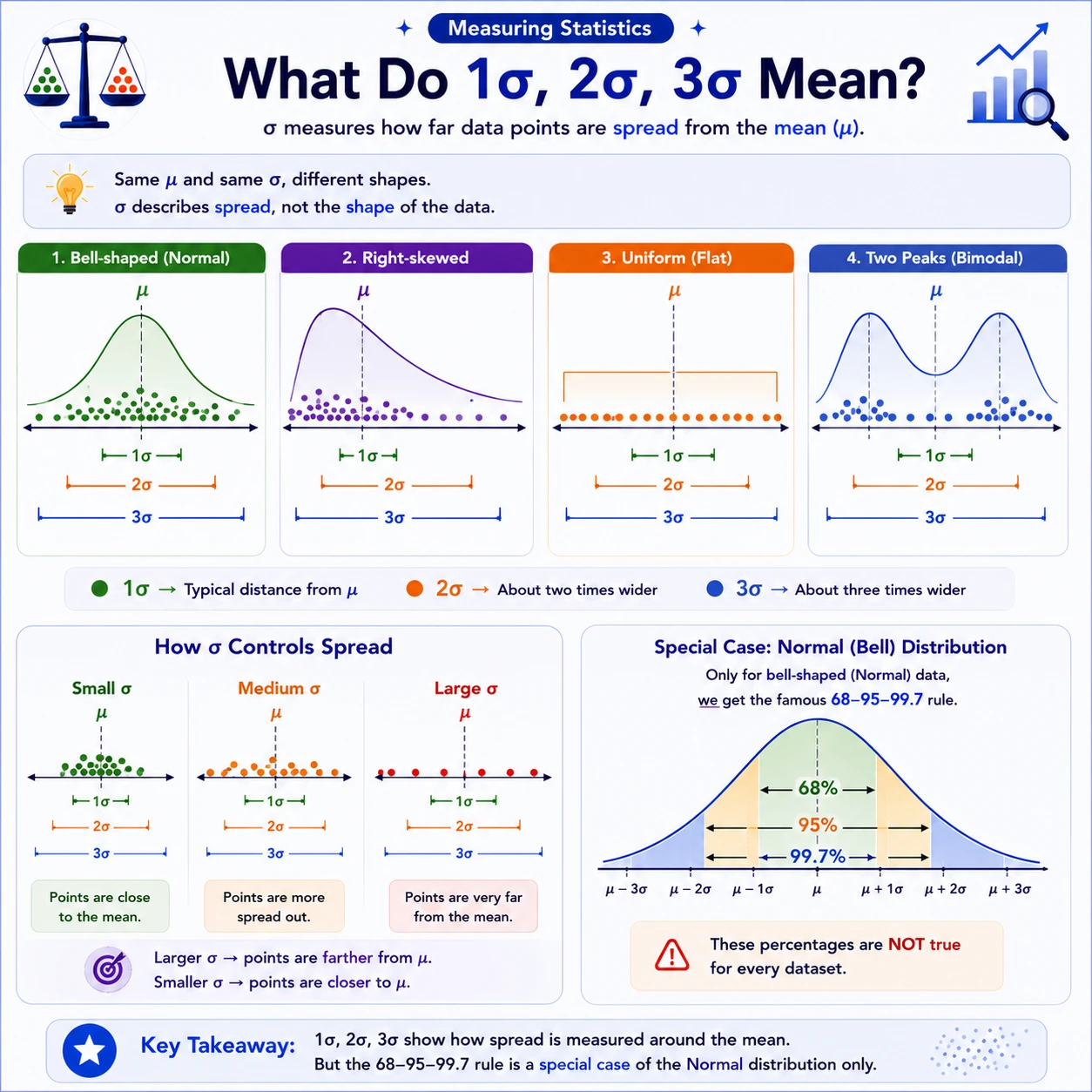 Standard deviation measures scale, not shape. Standard deviation sets a distance scale around the mean, but identical mean and standard deviation do not determine distribution shape. The 68-95-99.7 rule applies specifically to a normal model.