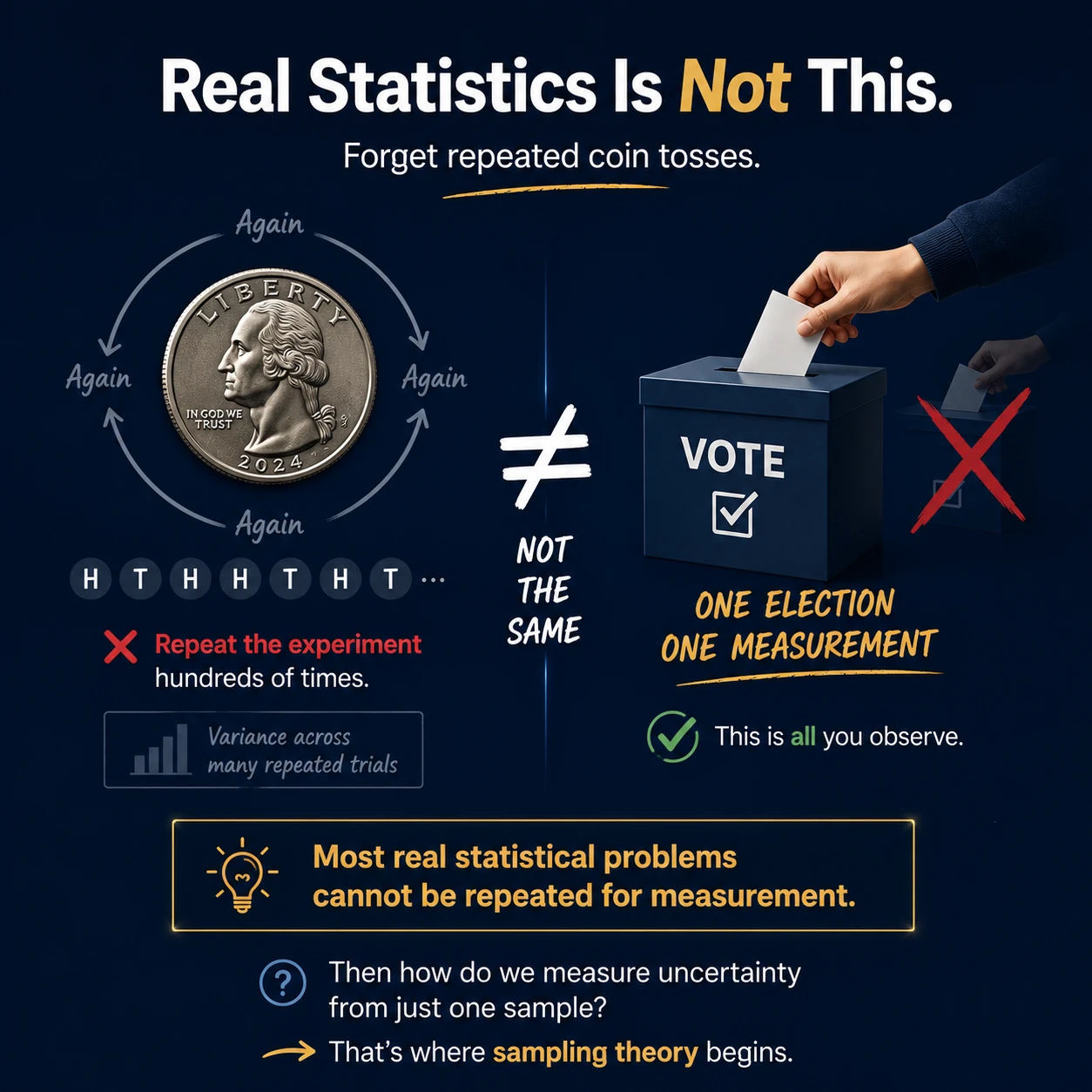 Real inference is not repeated coin tossing. No. A real election or survey may be observed only once. Repetition lives in the set of samples the design could have selected, allowing uncertainty to be studied without rerunning the event.