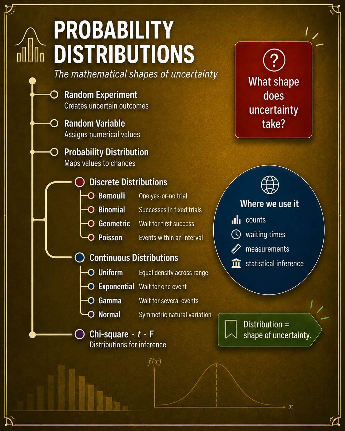 Distributions turn values into a model. A probability distribution assigns probability to possible values. Discrete models describe countable outcomes; continuous models use density, whose area over an interval gives probability.