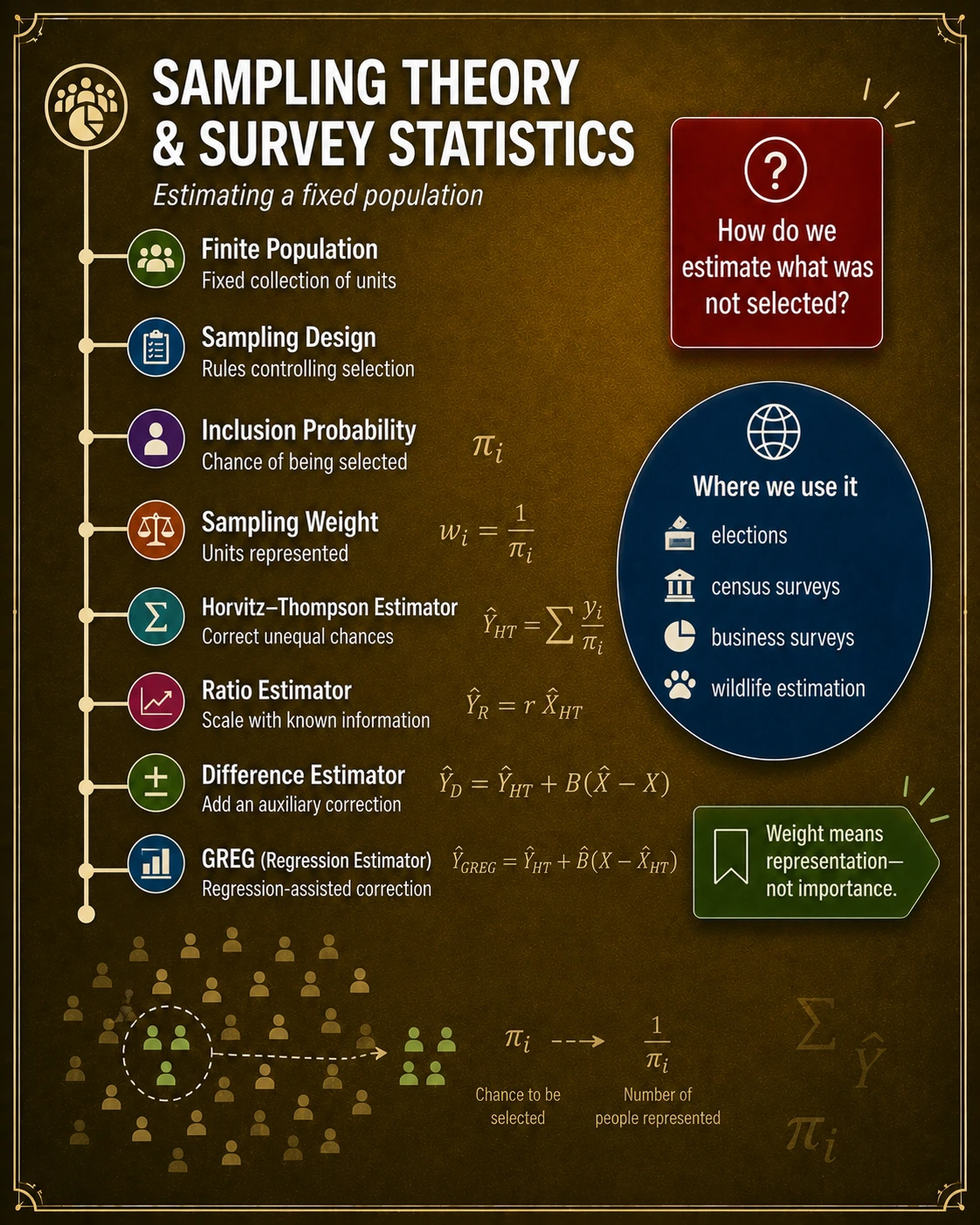 Sampling connects a population to observed data. Define the target population, choose a sampling frame and probability design, record inclusion probabilities, then weight observations when selection chances differ. Representation is created by design, not by sample size alone.