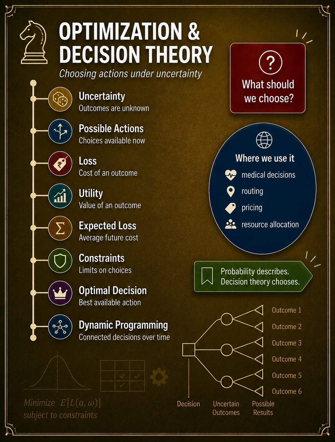 Decision theory turns uncertainty into action. Decision theory lists actions, uncertain states, losses or utilities, and constraints. An optimal action minimizes expected loss under a probability model; sensitivity analysis checks whether the decision is robust.